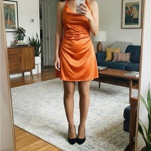 Orange halter neck satin dress - small 🍊